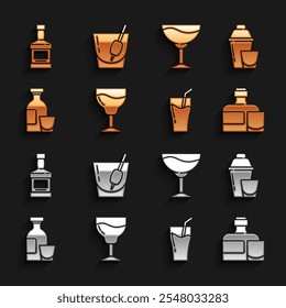 Set Wine glass, Cocktail shaker, Whiskey bottle and, Glass of juice, Alcohol drink Rum,  and Bloody Mary icon. Vector