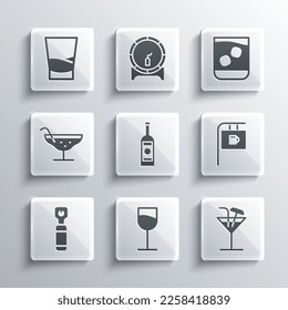 Set Wine glass, Cocktail, Street signboard with Bar, Glass bottle of vodka, Bottle opener,  and whiskey icon. Vector