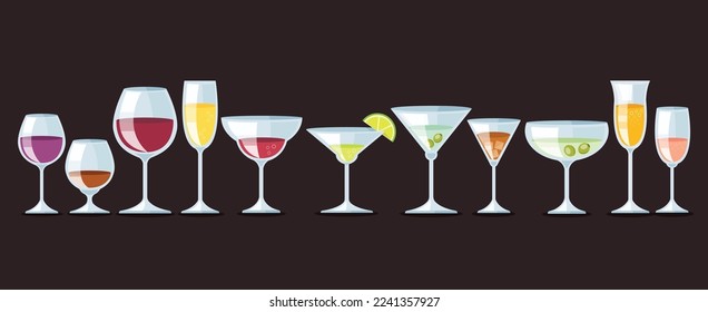 conjunto de ilustraciones de vectores de copas y cócteles