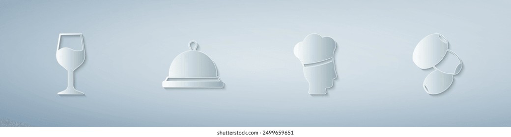 Set Wine glass, Covered with tray of food, Italian cook and Olives. Paper art style. Vector