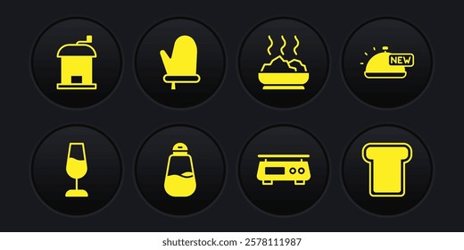 Set Wine glass, Covered with tray of food, Salt, Electronic scales, Bowl hot soup, Oven glove, Bread toast and Manual coffee grinder icon. Vector