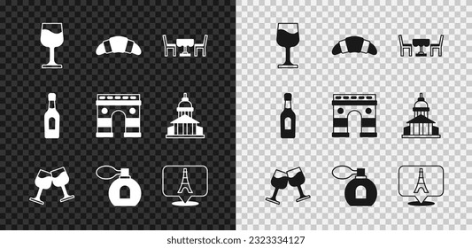 Set Wine glass, Croissant, French cafe, Perfume, Eiffel tower, Champagne bottle and Triumphal Arch icon. Vector