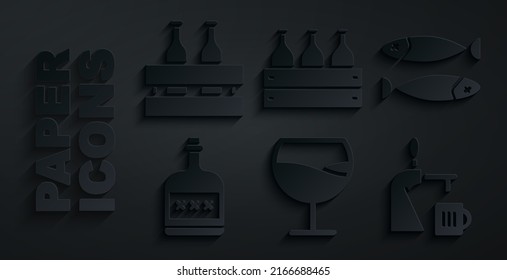 Set Wine glass, Dried fish, Alcohol drink Rum bottle, Beer tap with, Bottles of wine wooden box and Pack beer bottles icon. Vector