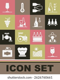 Set Wine glass, Farmer the hat, Bottle of wine, Bottles, Bunch grapes,  and temperature icon. Vector