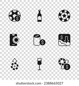 Set Wine glass, Financial growth decrease, Casino chips exchange, with dollar, Football betting money, Bottle of wine and Online sports icon. Vector