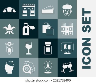 Set Wine glass, Flag France, Notre Dame de Paris, Cherry cheesecake slice, Perfume, Fleur De Lys, Croissant and Paper shopping bag icon. Vector