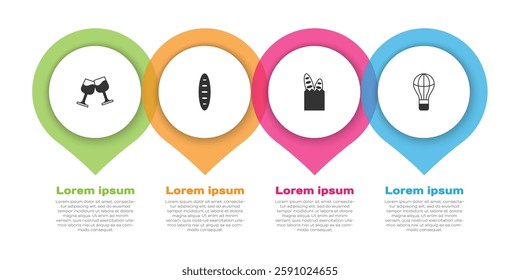 Set Wine glass, French baguette bread,  and Hot air balloon. Business infographic template. Vector