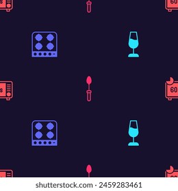 Set Wine glass, Gas stove, Teaspoon and Microwave oven on seamless pattern. Vector