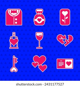 Set Wine glass, Heart, Valentines day party flyer, Broken heart or divorce, Key shape, Bottle with love potion, Flower rose and Suit icon. Vector
