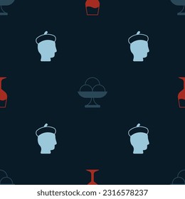 Set Wine glass, Ice cream the bowl and French man on seamless pattern. Vector