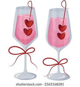 set wine glass icon with pink drink and berries in heart shape and red bow, valentines day design