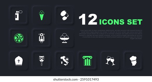 Set Wine glass, Italian cook, Scooter, Ancient column, Pizza, Carnival mask, Ice cream waffle and Map of Italy icon. Vector