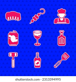 Set Wine glass, Ketchup bottle, Spatula, Sauce, Kitchen hammer, Soda can, Cook and Grilled pork bbq ribs icon. Vector