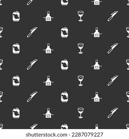 Set Wine glass, Knife, Soda can and Kitchen apron on seamless pattern. Vector