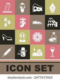 Set Wine glass, Limoncello bottle, Coliseum Rome, Cheese, Roman army helmet, Coffee beans, Tower Pisa and Men shoes icon. Vector