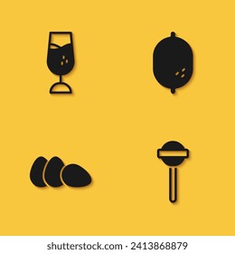 Set Wine glass, Lollipop, Chicken egg and Lemon icon with long shadow. Vector