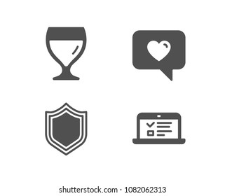 Set of Wine glass, Love message and Security icons. Web lectures sign. Cabernet wineglass, Dating service, Protection shield. Online test.  Quality design elements. Classic style. Vector