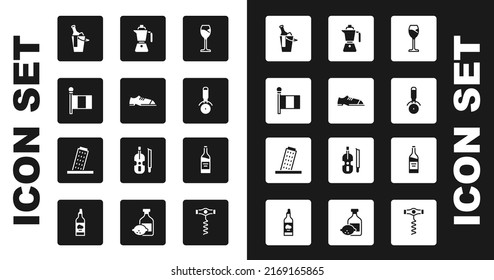 Set Wine glass, Men shoes, Flag Italy, Bottle of wine bucket, Pizza knife, Coffee moca pot,  and Tower Pisa icon. Vector