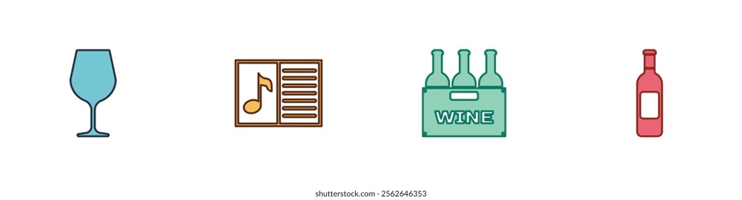 Set Wine glass, Music book with note, Bottles of wine box and  icon. Vector