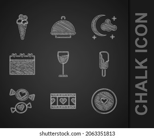 Set Wine glass, Play Video with heart, Clock, Ice cream, Candy, Calendar, Moon stars and waffle cone icon. Vector