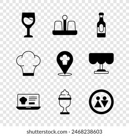 Set Wine glass, Salt and pepper, bottle, Online ordering delivery, Ice cream bowl, Toilet, Chef hat and with location icon. Vector