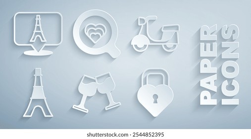 Set Wine glass, Scooter, Eiffel tower, Castle the shape of heart, Coffee cup and  icon. Vector