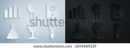 Set Wine glass, Stereo speaker, Party hat, Microphone, Balloons with ribbon and Music equalizer icon. Vector