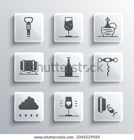 Set Wine glass, tasting, degustation, corkscrew, Bottle of wine, Cloud with rain, Wooden barrel for, opener and italian fiasco bottle icon. Vector