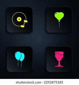 Set Wine glass, Vinyl disk, Balloons with ribbon and form of heart. Black square button. Vector