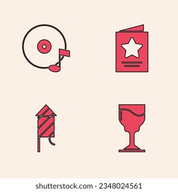 Set Wine glass, Vinyl disk, Greeting card and Firework rocket icon. Vector