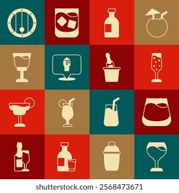 Set Wine glass, Glass of whiskey, champagne, bottle vodka, Alcohol or beer bar location, Wooden barrel and Champagne an ice bucket icon. Vector