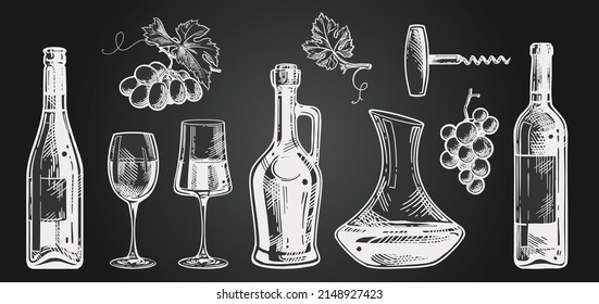 Set of wine glasses, bottle, decantor and grape. Vintage vector engraving illustration for web, poster, invitation to party. Hand drawn design element isolated on dark background.