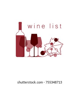 A set of wine glasses, a bottle and a grape leaf. Vector illustration for restaurant menu, tasting, wine list.