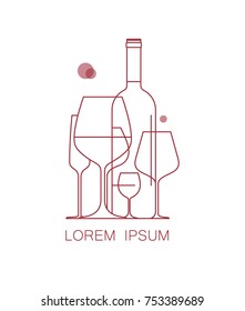 A set of wine glasses and a bottle. Icon, logo for tasting, restaurant menu, wine list. Modern linear style. Vector illustration.