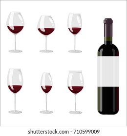 Set of wine glasses and bottle with red wine cabernet sauvignon, merlot, bordeaux, burgundy, pinot noir, shiraz, zinfandel, malbec, tempranillo