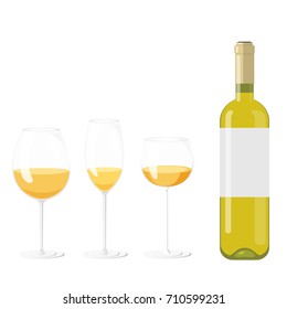 Set of wine glasses and bottle with white wine chardonnay, sauvignon, riesling