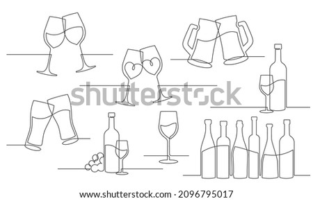 Set of wine glasses and bottles - continuous line drawing. Alcohol set. Vector illustration