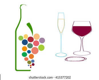 Set of wine glasses and bottles isolated on white background.Wine bottle colorful.Background with wine bottles and glasses.Bottles and glass silhouette vector.