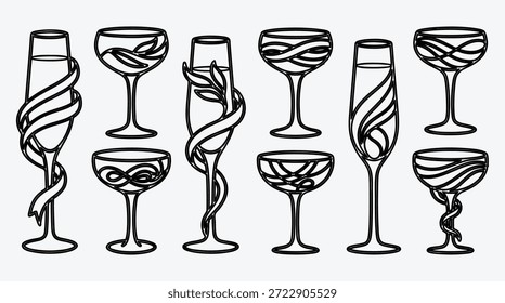 Conjunto de copos de vinho com linhas decorativas em fundo transparente para festas e projetos de celebração
