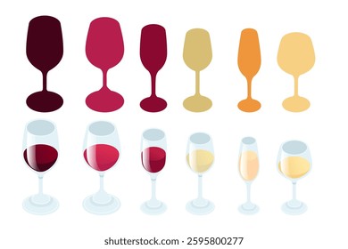 Set of wine glasses. Different shapes and sizes of glass. Red, white and champagne wine alcohol drink. Collection with silhouettes. Vector illustration isolated on white background.