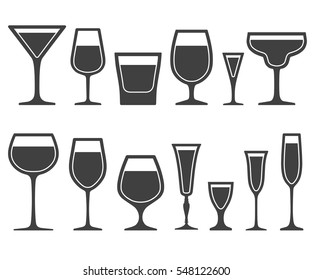 Set of wine glasses different shapes icons with poured liquid inside isolated on white background