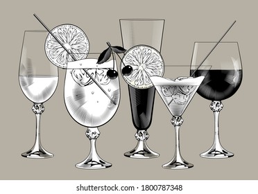 Set of wine glasses of different sizes and shapes with wines and cocktails. Vintage engraving stylized drawing. Vector illustration