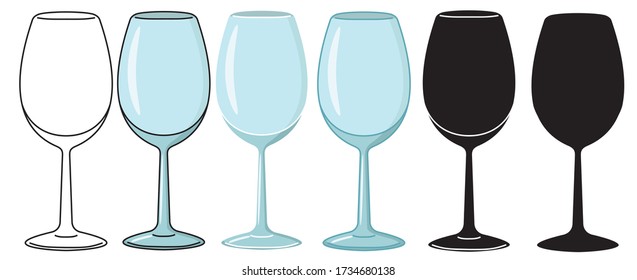 Conjunto de copas de vino de estilo plano aislado en un fondo blanco. Ilustración vectorial.