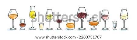 Set of wine glasses and goblets. Picture in line style. Black contour with colored spots. Isolated on white. Vector flat illustration. Template for menu design