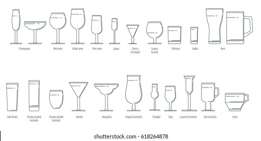 Set of wine glasses in a linear style. For use as logos on cards, in printing, posters, invitations, web design and other purposes