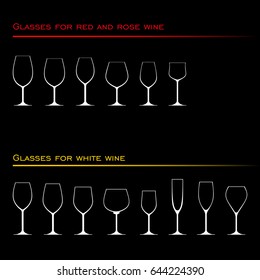 Set of wine glasses on a black background. Vector illustration. 