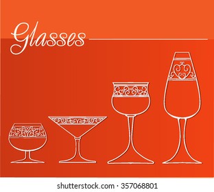 set of wine glasses on an orange background. vector