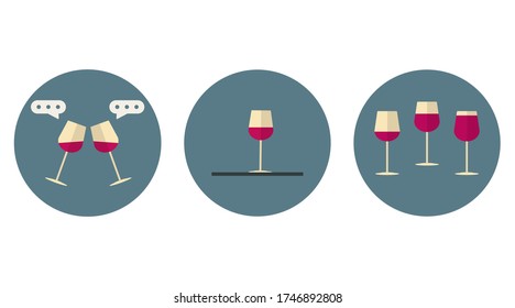 Weingläser mit gegossenem Rotwein, Vektor, flach gestaltet, in blauen Kreisen auf weißem Hintergrund platziert