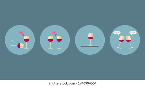 set of wine glasses with poured red wine, vector designed in flat, meeting and talking concept, placed in blue circles on white background