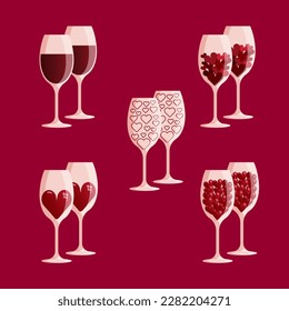 Set of wine glasses with red hearts inside, vector illustration, love concept